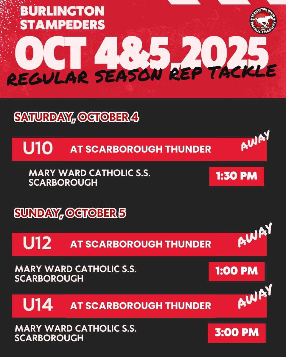 bmfa_football's tweet photo. Burlington Stampeders are on the road this weekend taking on @scarborothunder! 

Here's your weekend lineup 🔥
.
.
.
#BMFA #BurlingtonOn #Burlington #YouthFootball #HaltonFootball #Scarborough #Toronto #OFFL #FallFootball #FootballOntario https://t.co/5NR2dWyEOX