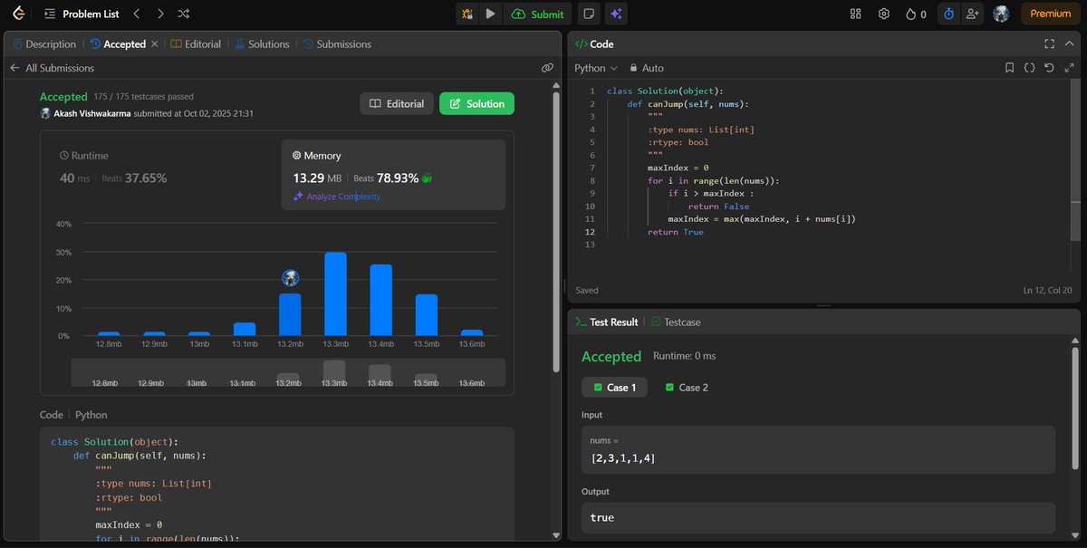 AKASHVISHW64779's tweet image. Day 83 of #90DaysOfCode 

Today’s wins:

Valid Parenthesis String → greedy min/max bracket trick 

Jump Game → track the furthest reachable index 🏃‍♂️

Also, it’s Dussehra 🪔 a reminder that patience + strategy conquer challenges, in code and life!

#LeetCode #ProblemSolving