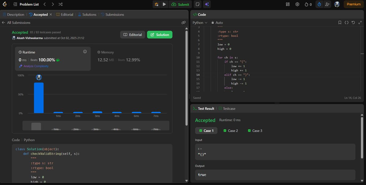 AKASHVISHW64779's tweet image. Day 83 of #90DaysOfCode 

Today’s wins:

Valid Parenthesis String → greedy min/max bracket trick 

Jump Game → track the furthest reachable index 🏃‍♂️

Also, it’s Dussehra 🪔 a reminder that patience + strategy conquer challenges, in code and life!

#LeetCode #ProblemSolving