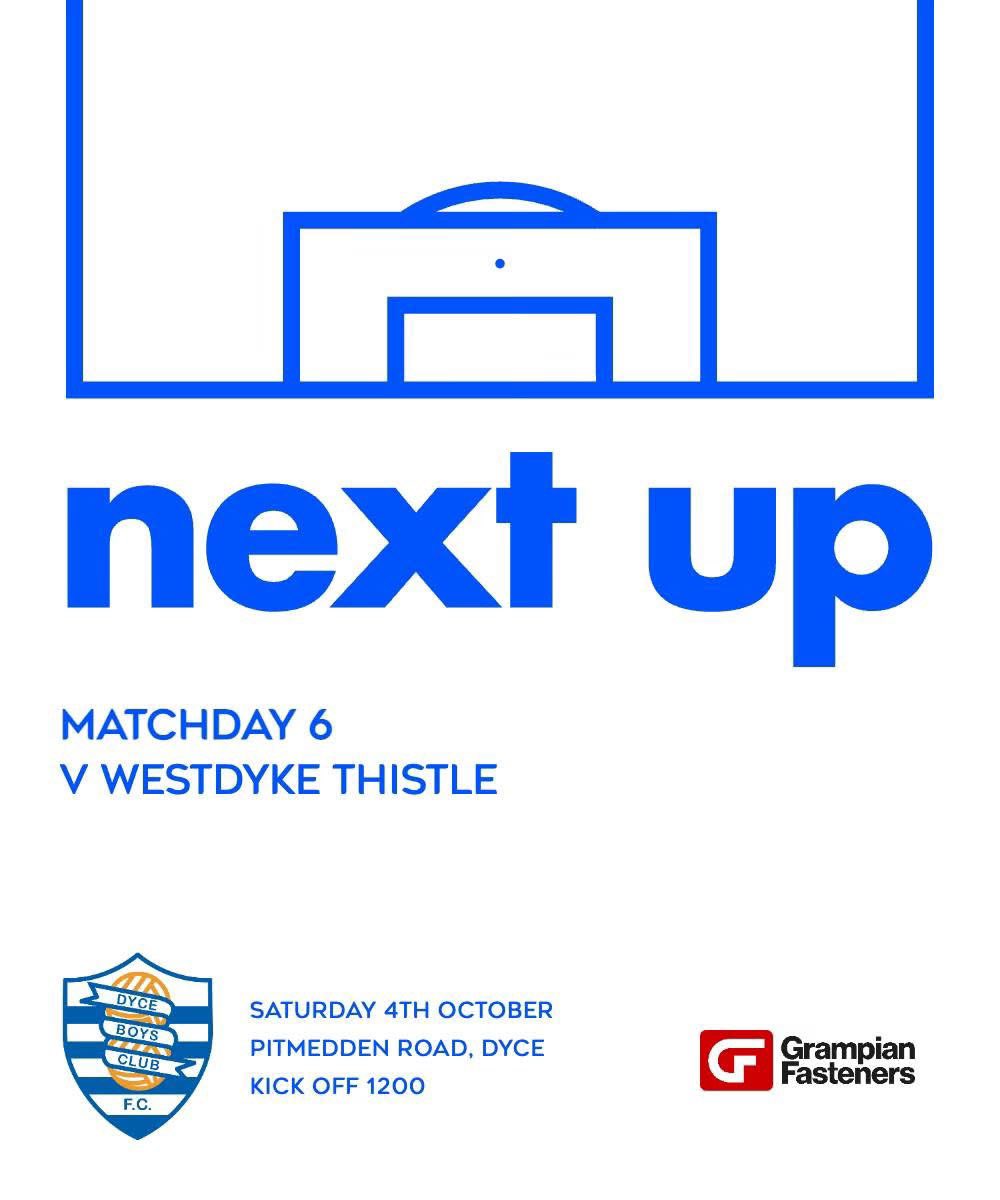 We turn our attention back to league business following our win in the Scottish Cup last weekend, as we host Westdyke Thistle. 

Hopefully the match survives Storm Amy! 

KO 1200 - Pitmedden Road in Dyce. 

#COYD
