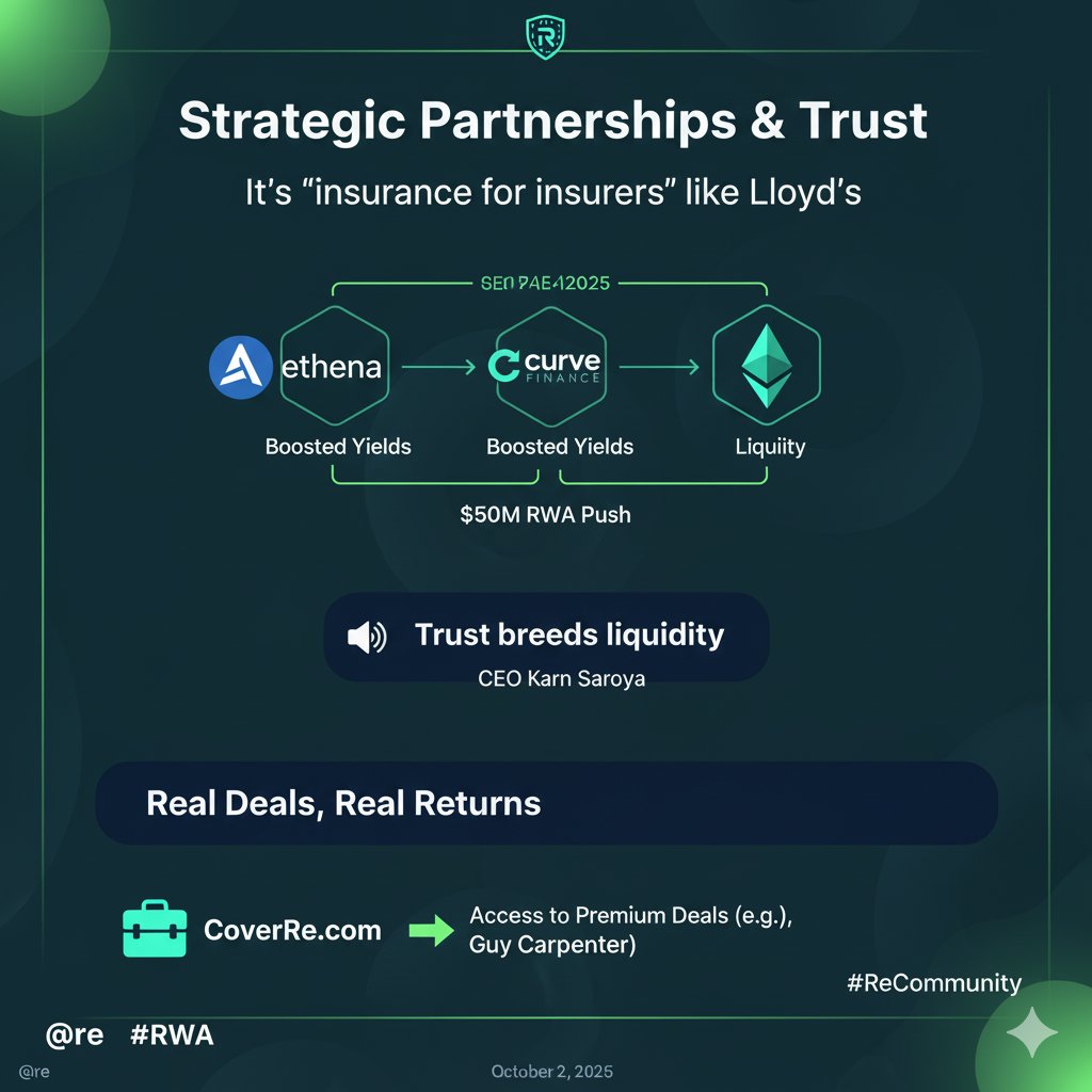Bogdan18104's tweet image. 5/  Partnerships: Ethena, Curve, Avalanche Foundation ($50M RWA push). CEO Karn Saroya: &quot;Trust breeds liquidity.&quot; Re taps real deals via CoverRe.com #ReCommunity