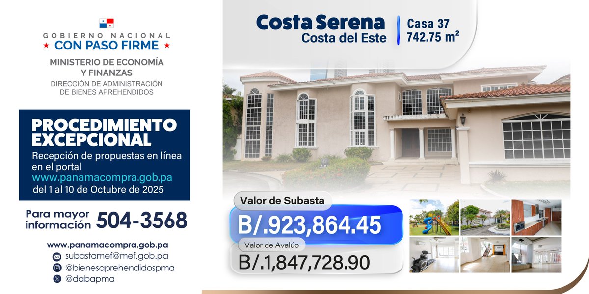 Venta por procedimiento excepcional de contratación en línea: 
✅Costa Serena [Costa del Este], 742.75 m2
✅Acto No. 2025-0-16-01-08-CL-000899
✅Recepción de propuestas en PanamaCompra [sección V3], hasta el 10 de octubre de 2025.
Información: 504-3568.
#conpasofirme
