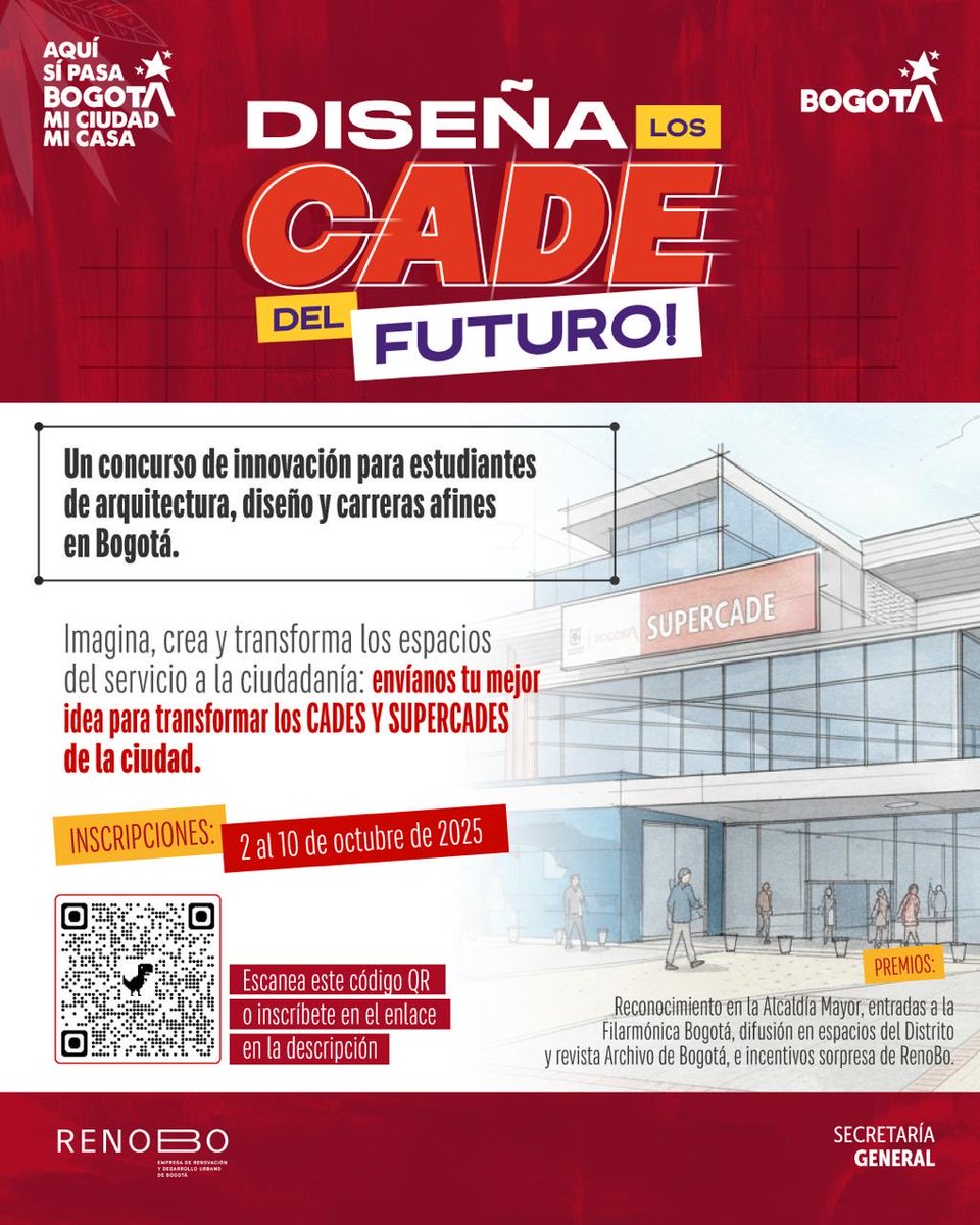 La Alcaldía Mayor de <a href="/Bogota/">Alcaldía de Bogotá</a> y <a href="/RenoBo_Bogota/">RenoBo</a> te invitan al #ChallengeCADE. Diseña los #CADE del futuro: espacios de confianza, cultura y encuentro, más allá de los trámites. 
Inscríbete: docs.google.com/forms/d/e/1FAI…