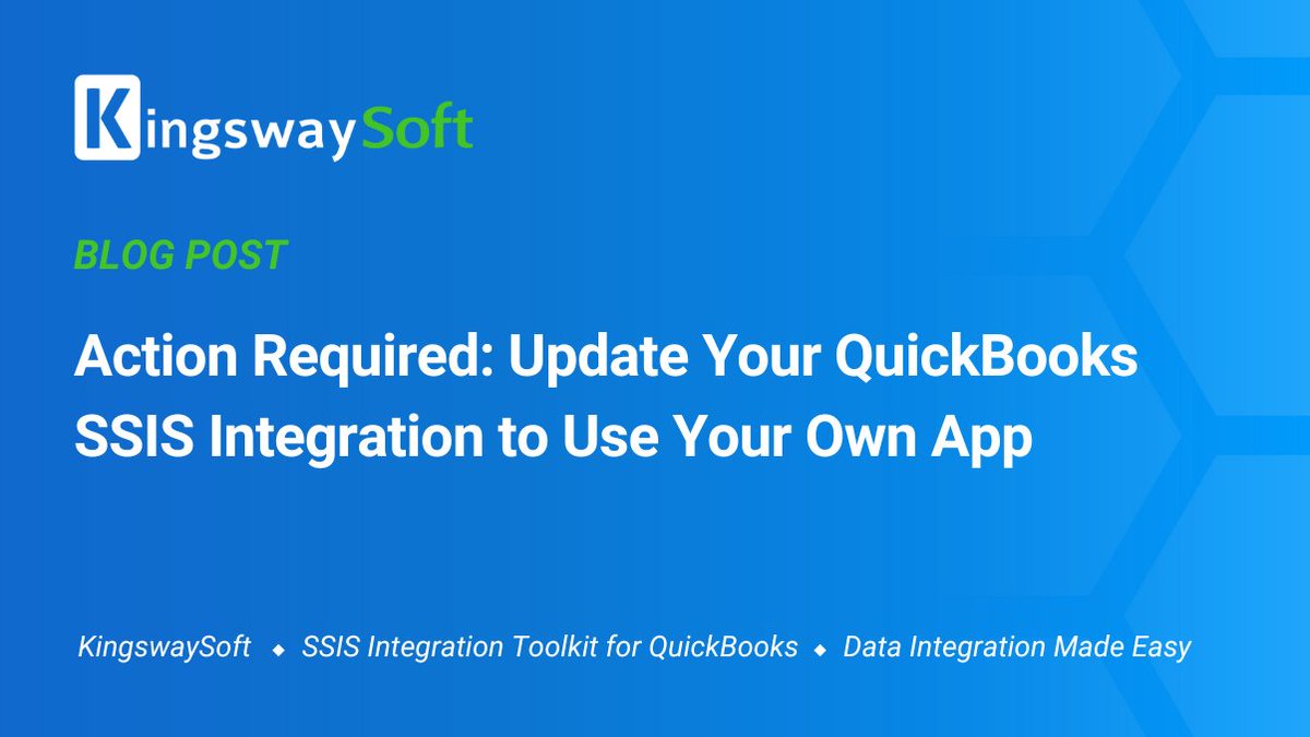 kingswaysoft's tweet image. Just Blogged - Action Required: Update Your QuickBooks SSIS Integration to Use Your Own App 

kingswaysoft.com/blog/2025/10/0…

#KingswaySoft #SSIS #QuickBooks #IntegrationToolkit