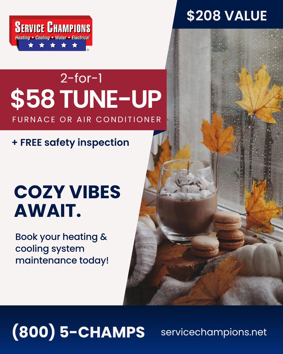 ServiceChampsN's tweet image. Our $58 tune-up special is too HOT to pass up. Tune-up your furnace or AC (your choice!) &amp;amp; we'll include a FREE safety inspection for the other half of your system. 

Call (800) 5-CHAMPS to book your tune-up today.

#HVACService #FallTuneUp #ServiceChampions