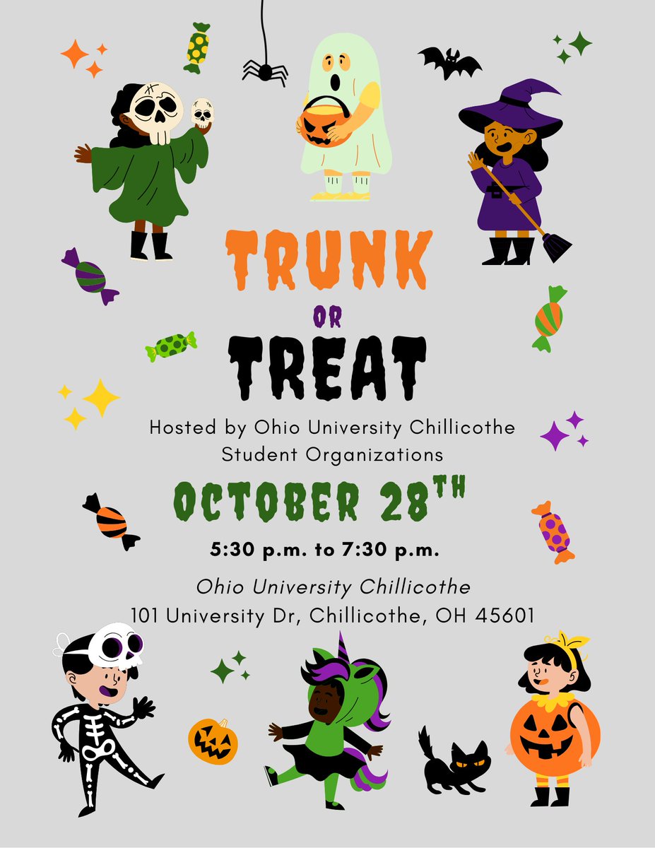 Trunk or Treat is coming to OHIO Chillicothe 🎃
Oct. 28
5:30–7:30 PM
Bennett Hall Parking Lot
👻 Candy, costumes &amp; community fun!