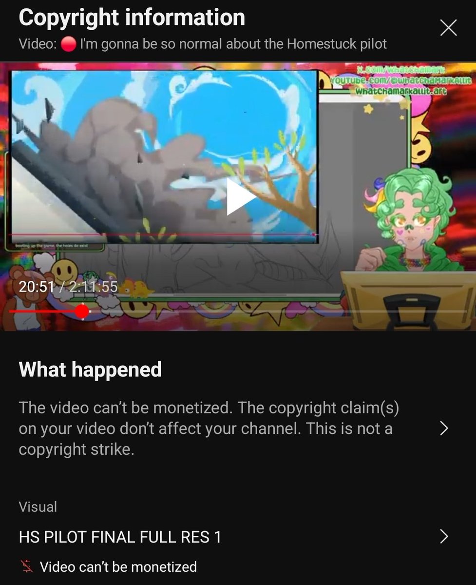 Hey, so, fair warning to anyone even CONSIDERING critiquing the Homestuck pilot!

Vivziepop and co just copyright claimed my WHOLE 2 hour 12 minute stream for a ~1:30 clip where I give commentary and critique a Muted Clip of the Dad Strife from the pilot : )