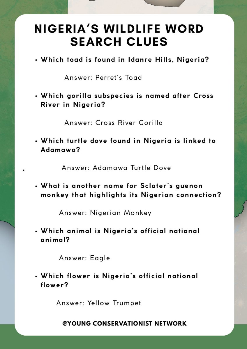 _YCNetwork's tweet image. Word search clues for the puzzle:x.com/_YCNetwork/sta…
#Nigeria #NigerianIndependenceDay #wildlife #youngconservationistnetwork