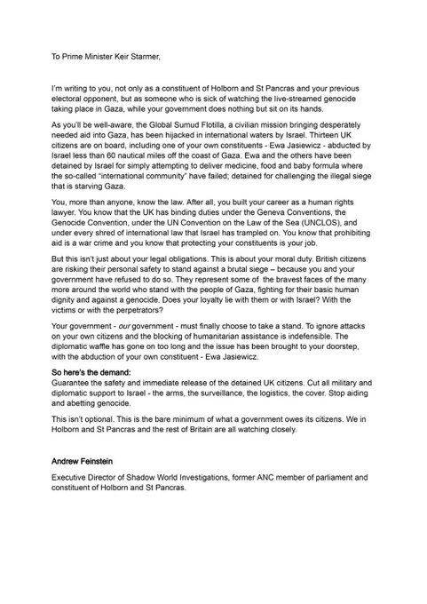 A letter addressed to Keir Starmer, with text demanding the safe release and return of Ewa Jaciewicz, kidnapped from the Freedom Flotilla by Israel. The document includes formal language and mentions of legal and humanitarian concerns.