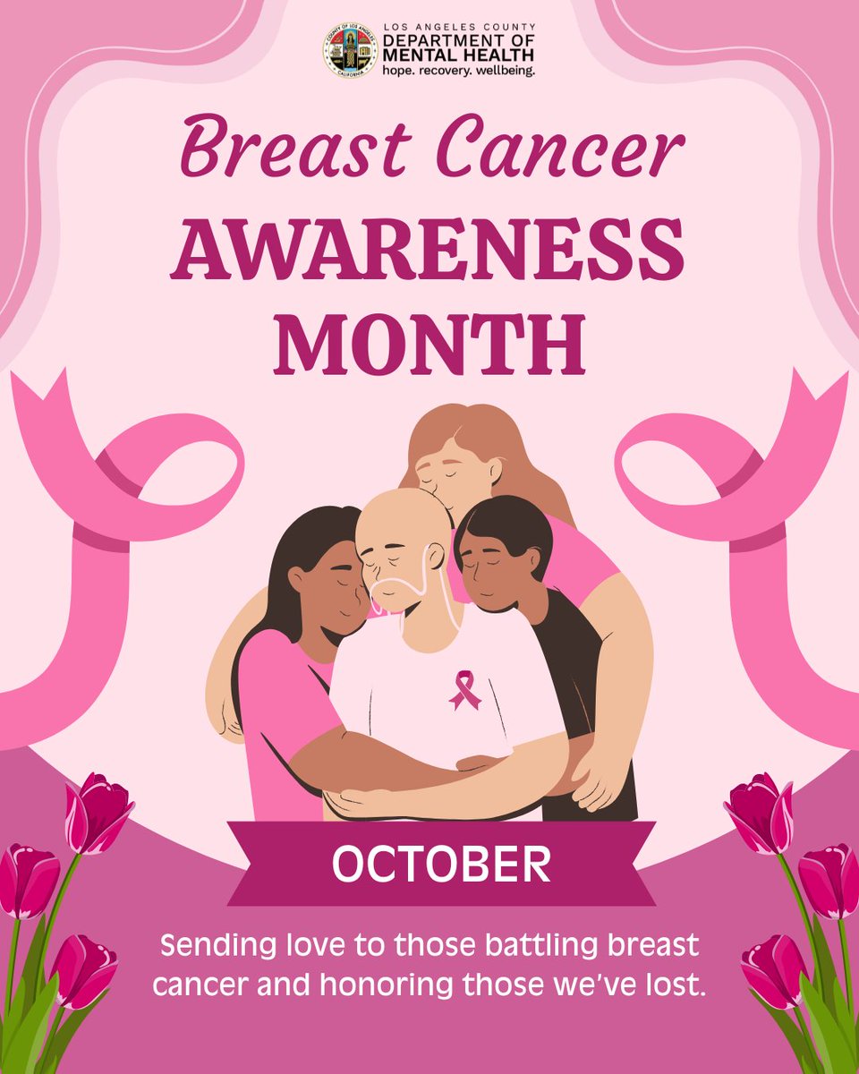 LACDMH's tweet image. October is Breast Cancer Awareness Month.💗 Along with the physical impact, a diagnosis can deeply affect mental health. You don&apos;t have to face it alone. Support, care, and resources are here for you.

Visit our Breast Cancer Mental Health Resources page to learn more:…