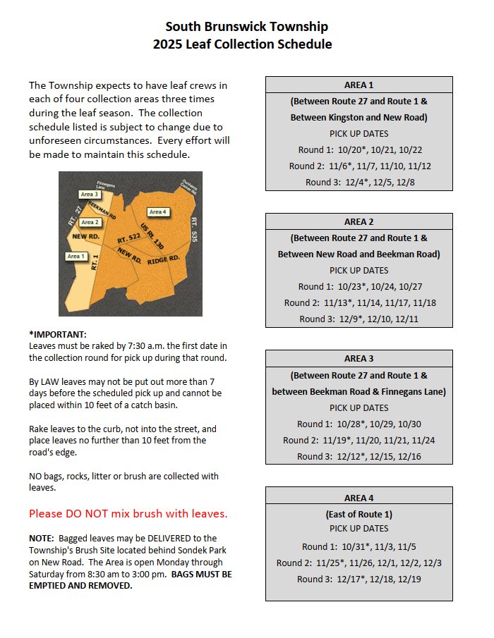 🍂 Leaf Collection Info 🍂
South Brunswick residents: Stay up-to-date on the 2025 leaf collection schedule! Visit the Township homepage at southbrunswicknj.gov under News &amp; Notifications for full details.

📅 Don’t miss your pick-up dates—plan ahead and keep our streets clear!