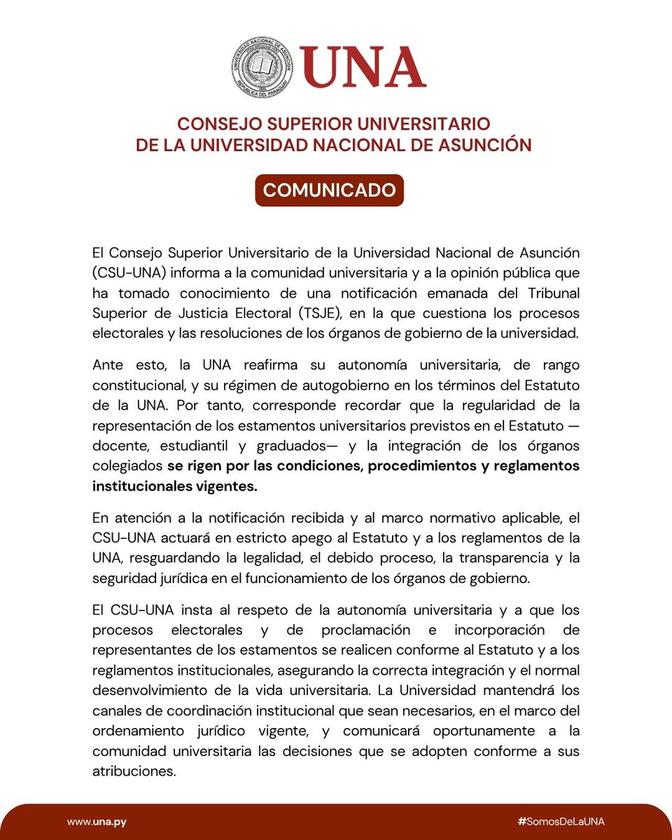 una_py's tweet image. ⚠️ | COMUNICADO
CONSEJO SUPERIOR UNIVERSITARIO
DE LA UNIVERSIDAD NACIONAL DE ASUNCIÓN
#SomosDeLaUNA #AutonomíaUniversitaria