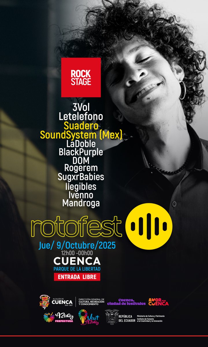 Rotofest's tweet image. 🎸 ROCK STAGE en #Rotofest2025
11 bandas emergentes encendiendo la escena rock ecuatoriana 🤘🔥
📅 9 OCT · 12h–00h | 📍 Parque de la Libertad – Cuenca
🎟 Entrada libre | 🚫 Sin alcohol ni violencia
#RockStage #Rotofest #CuencaEsFestival