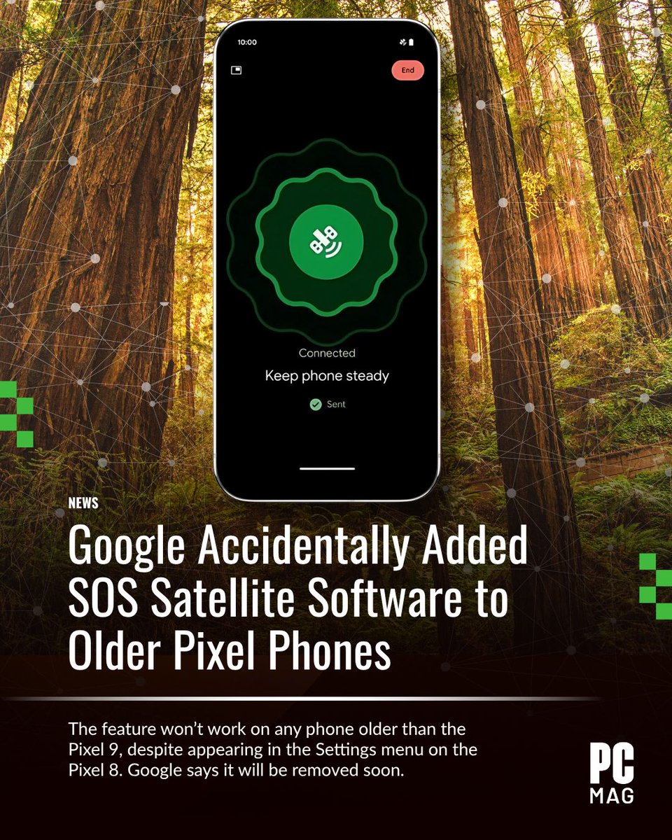 PCMag's tweet image. Seeing the new Satellite SOS feature on your older #Pixel phone? Don&apos;t get too excited. Google confirms its appearance is a bug. 🛰️

The real #SatelliteSOS function is destined for the Pixel 9 series and beyond. 

Find out which devices actually get the feature:…