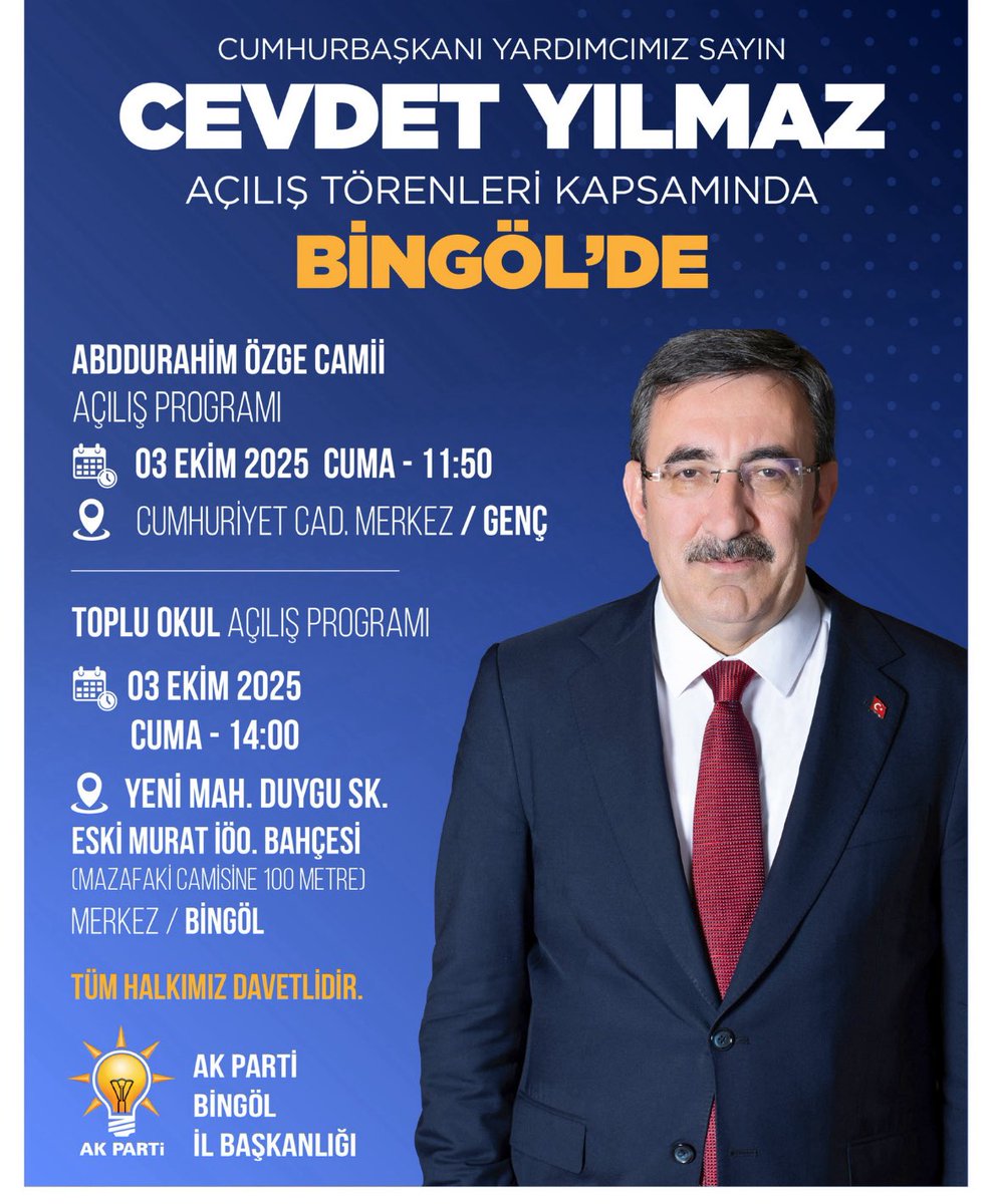 bingolakparti's tweet photo. Cumhurbaşkanı Yardımcımız Sn. @_cevdetyilmaz toplu açılışlar, temel atma ve bir dizi ziyaretler kapsamında yarın memleketi Bingöl’e geliyor. Programlarımıza tüm halkımız davetlidir. 
@yilmaz_seven @FeyziBerdibek1 @Korkutata_Zeki @Erdalarikan12 @makifgunerigok @NihatDogu12 https://t.co/a7TrBfeKUc