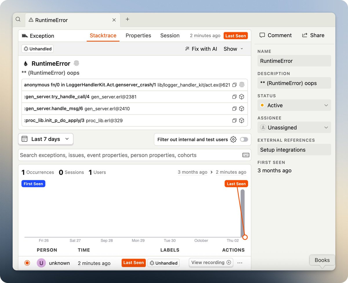 distantprovince's tweet image. I vibe coded an entirely new PostHog SDK—
Actually, no. This summer I locked in, learned what needed to be learned, and built an error tracking library from first principles, that became an official PostHog SDK for Elixir
#ElixirLang #MyElixirStatus