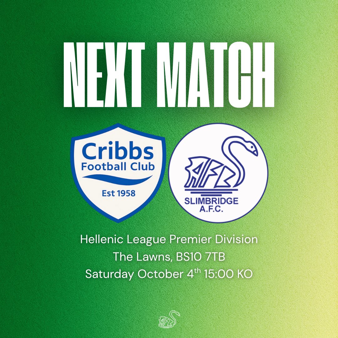 Up next for the Swans…

🆚 | <a href="/CribbsFC/">Cribbs Football Club</a> 
🏆 | <a href="/HellenicLeague/">Hellenic League</a> Premier Division
📍 | The Lawns, BS10 7TB
📅 | Saturday October 4th
⏳ | 15:00 kick off

Come and join us!

#UpTheSwans🦢