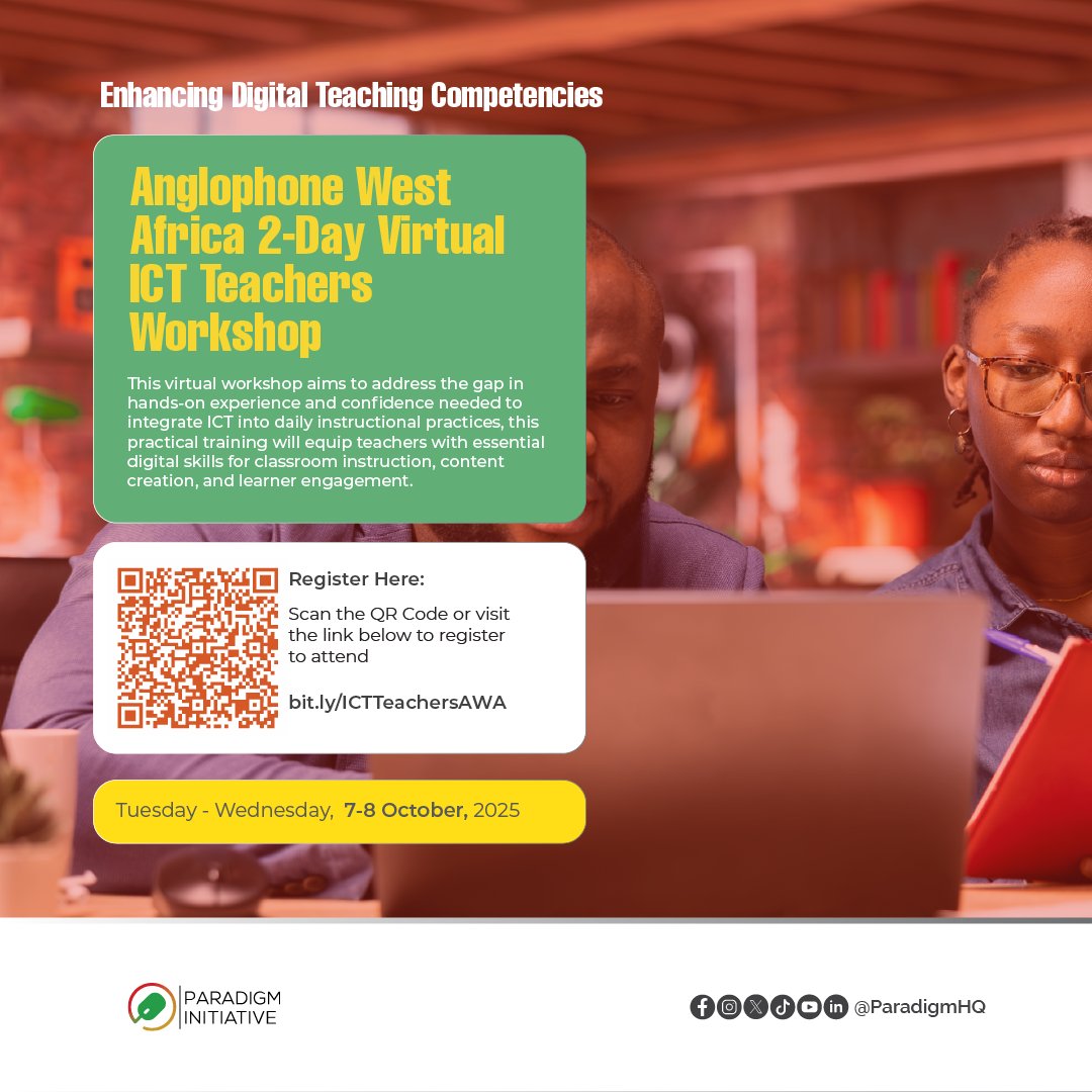 📢Elevate your digital teaching skills with Paradigm Initiative’s 2-Day Virtual ICT Teachers Workshop: Enhancing Digital Teaching Competencies.

On October 7 and 8, PIN is organising a training for ICT teachers. The goal is to provide them with practical skills to use basic and