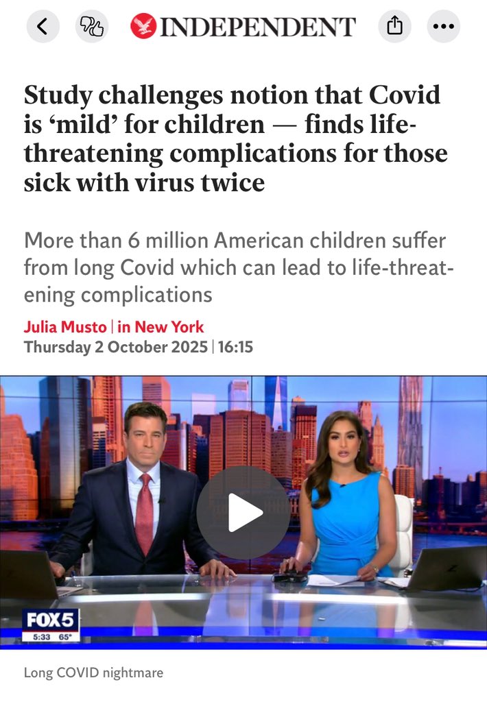 “The findings, published Tuesday, challenge the perception that Covid cases in children are “mild,” as well as the notion that re-infections do not carry the same risk of long Covid as getting it the first time.”

independent.co.uk/news/health/lo…