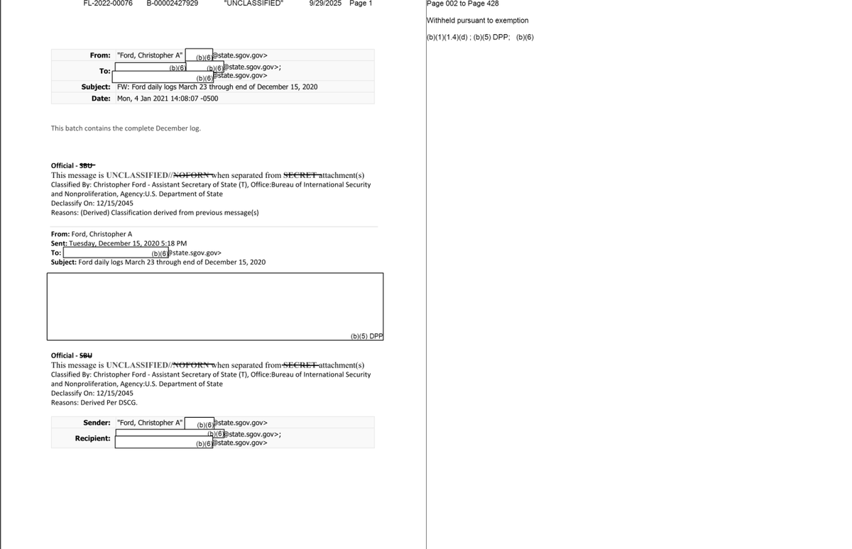 lewiskamb's tweet photo. Another day, another #FOIA dodge - this time, courtesy of @StateDept. 

The latest release to a request we submitted 4+ years ago for key officials' emails on COVID origins: Just 2 pages -- both heavily redacted. 

(Full release here: https://t.co/xVOLIsKWnJ) 

#TransparencyFail https://t.co/B4EAK2UgDq