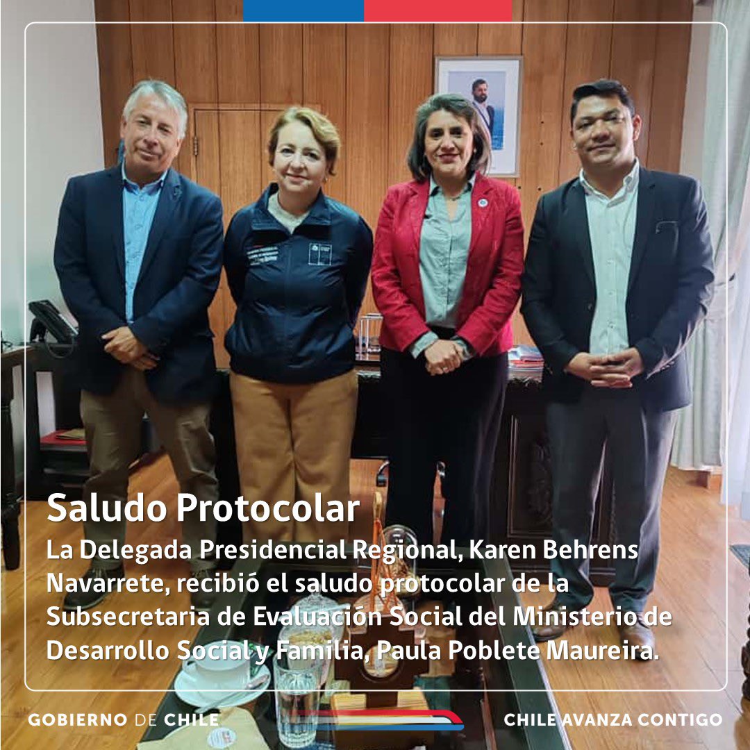 📣 Esta mañana, la Delegada Presidencial Regional, Karen Behrens Navarrete, recibió el saludo protocolar de la Subsecretaria de Evaluación Social del Ministerio de Desarrollo Social y Familia, Paula Poblete Maureira.