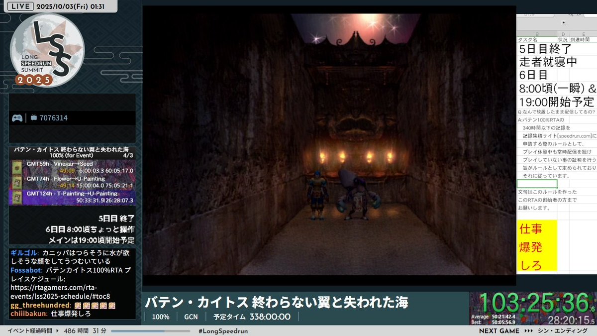 現在『バテン・カイトス 終わらない翼と失われた海』の「100%」が進行中です… 

古の大地ドゥールを攻略してday5は終了。お疲れ様でした。
day6は8:00頃に一瞬だけ操作した後、19時頃からメインプレイを開始します。

▼配信チャンネル
twitch.tv/longspeedrunsu…
#LongSpeedrun