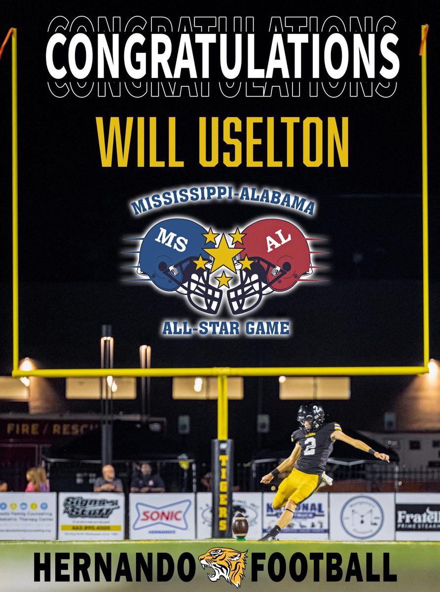 Senior Will Uselton will be representing Mississippi as the kicker/punter in the 2025 MS/AL All-Star Football Game. The game is at 12 noon on Saturday, December 13 at M.M. Roberts Stadium at the University of Southern Mississippi in Hattiesburg, MS. Congratulations Will! 🎉🏈