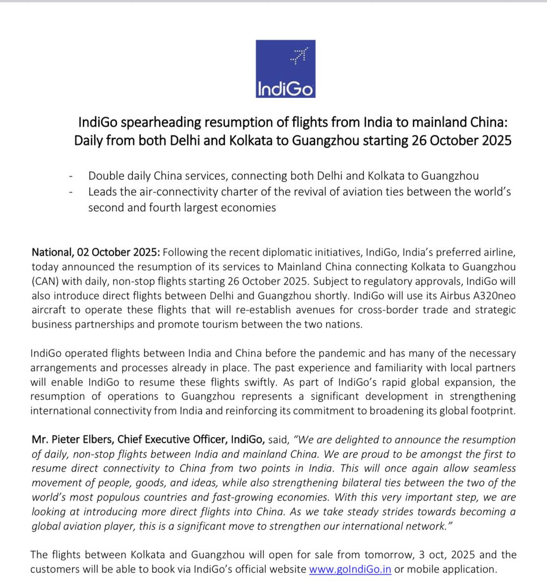 Bharat_stats_'s tweet photo. 🚨 IndiGo to launch direct India–China flights from Oct 26, starting with Kolkata–Guangzhou; Delhi–Guangzhou to follow

Official Statement https://t.co/i6hHjkFjF0