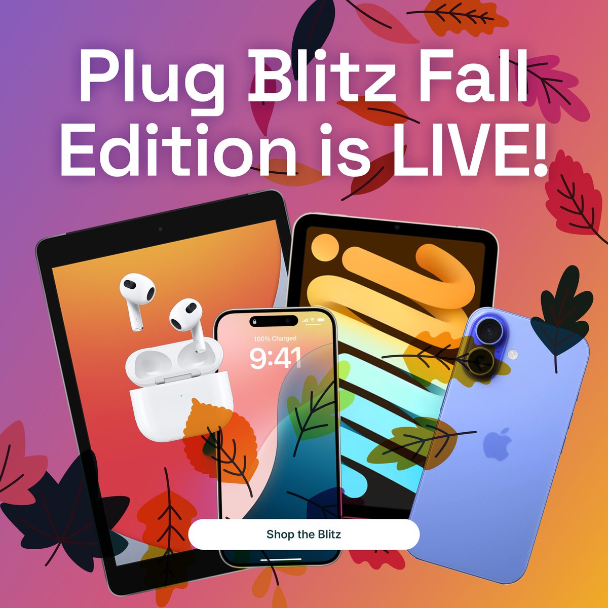 plugbettertech's tweet photo. 🎉 It’s here — the biggest sale of the season! 🎉The Plug Blitz Fall Edition = 48 hours of savings, with a new deal every hour.📱💻🎧 AirPods, iPhones, iPads &amp; more — first deal starts at just $79! https://t.co/BOH2iMj687 https://t.co/cg8x3VwBKu