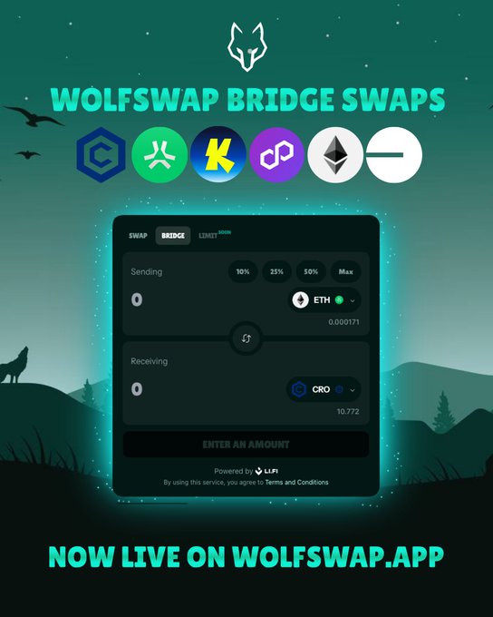 How about swap AND bridge at the same time?  WolfSwap Bridge Swaps are LIVE, providing effortless, CROSS-CHAIN swaps across Cronos, Abstract, Katana, Polygon, Ethereum, and Base  Powered by @lifiprotocol, brought to you by WolfSwap 🐺