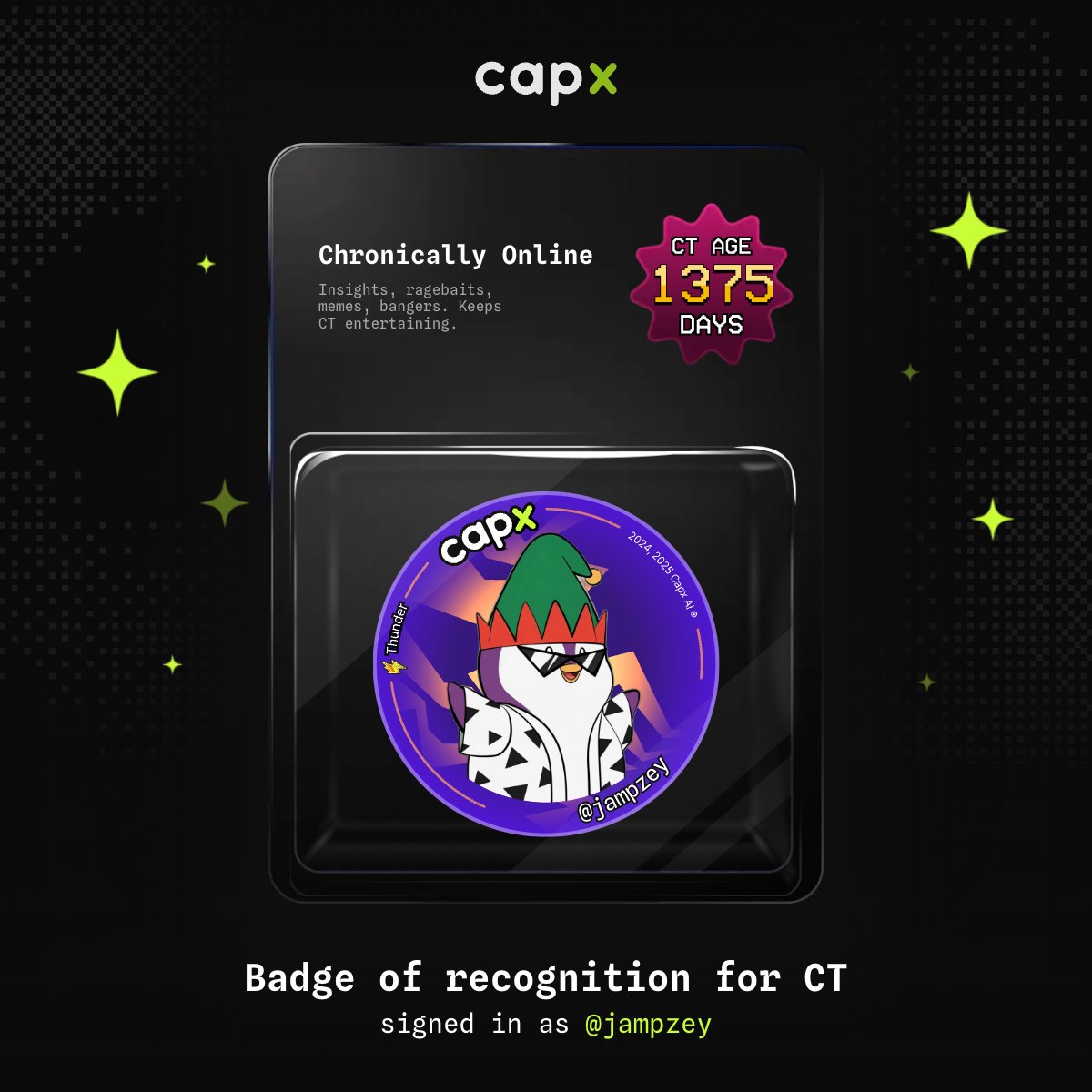 Jampzey's tweet image. chronically online, seems about right, but @0xCapx is way more than badges

giving builders the capital formation layer they have been locked out of to build and grow the next generation of AI apps

lets everyday users back apps from day 1 and get involved from early stages…