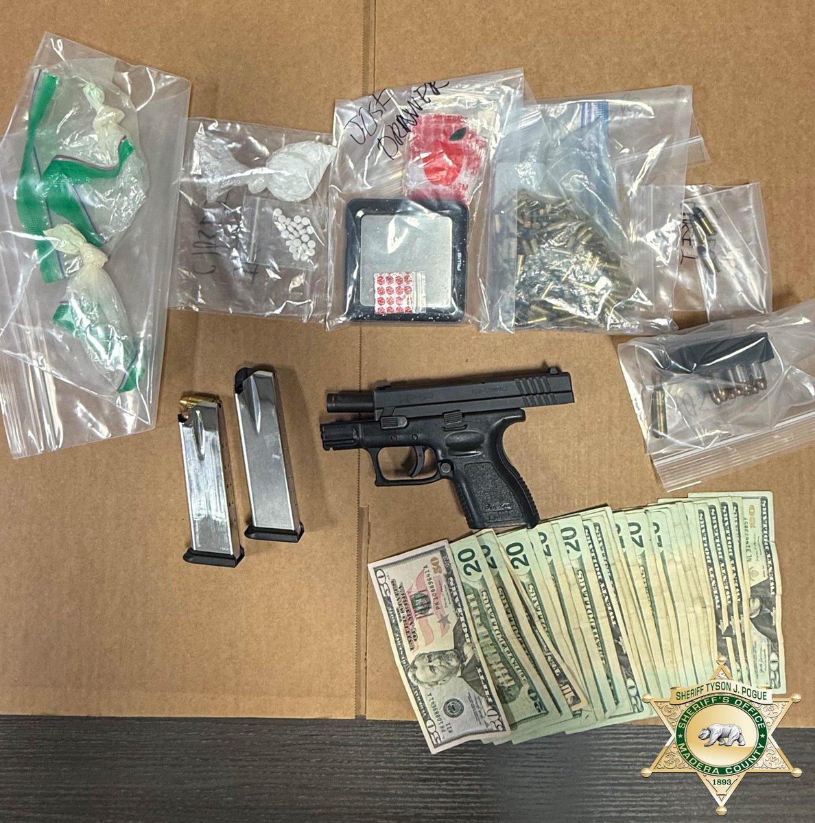 Drugs, Firearm &amp; Cash Seized

On October 1st, MADNET Detectives served a warrant in Madera.   

They found 16 grams of cocaine, suspected fentanyl pills, a loaded firearm, and cash.  They also arrested Jose Garcia (29) on multiple felony charges.

#MaderaSheriff #MADNET