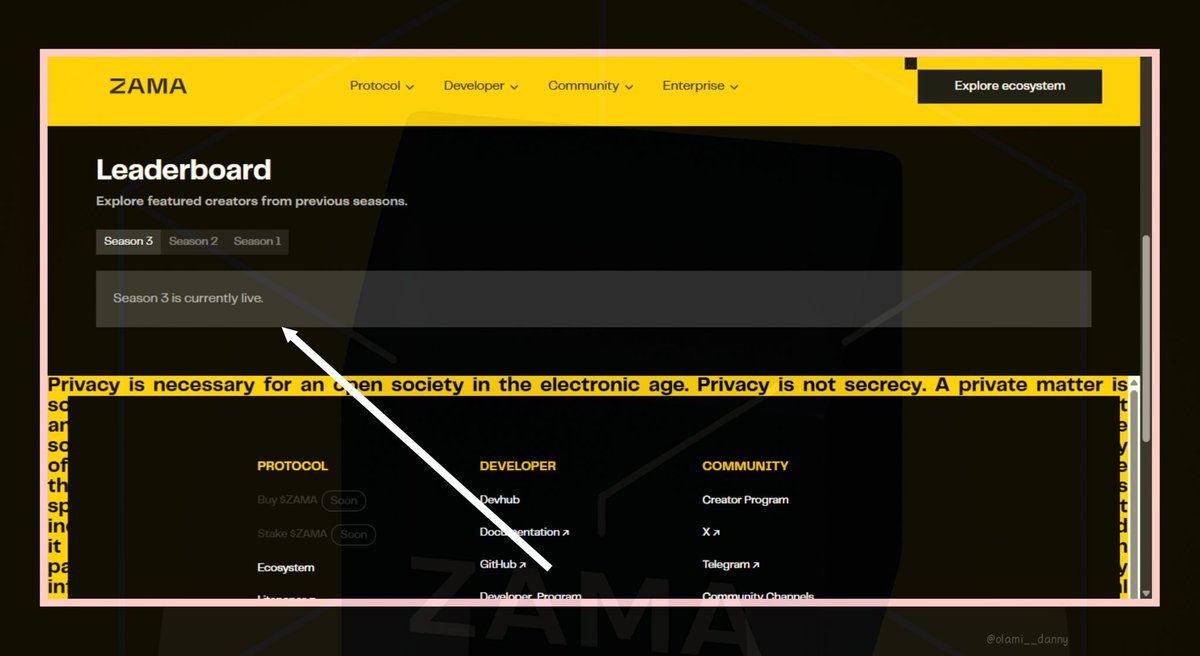 Olami__danny's tweet photo. Here's all you need to know about @zama_fhe Creator Program S3 (Starts Oct 2, 2025)

@zama_fhe runs a program where people who make content (threads, articles, videos, etc.) about FHE (Fully Homomorphic Encryption) and confidential blockchain can get rewarded.

Explain complicated cryptography in a way more people can understand  and zama rewards you.

What’s New in Season 3
• Video Creator Rewards

Now there’s a special category for videos on X (explainers, reactions, tutorials). Each month, 3 best videos win prizes.

• Video Clip Bank

Zama gives creators free clips (team talks, demos, podcasts) to remix into their own content.

More rewards, zama is expanding its NFT rewards:

• S1: Top 250 got Zama OG 001 NFT
• S2: Top 500 got Zama OG 002 NFT
• S3: Top 1000 will get Zama OG 003 NFT (NFTs = early alpha access + perks).

Total Rewards Breakdown:

• Total monthly pool: $56,000
• $50K: top 100 creators (based on Zama’s scoring system)
• $3K: best 6 handpicked written content pieces
• $3K: best 6 handpicked video content pieces

Recognition Tiers

• Top 100: monthly cash prizes (USDC or $ZAMA tokens)
• Top 1000: Zama OG 003 NFT + exclusive perks

Best 12 handpicked pieces: extra monthly cash prizes

With that every tutorial, thread, or video helps make confidential blockchain easier to understand : faster adoption and stronger ecosystem.

Want to join? https://t.co/wgWZAi67bC
Here's my explanation on fhe: https://t.co/iJrw7SrxGY

Questions? Ask ☺️👇