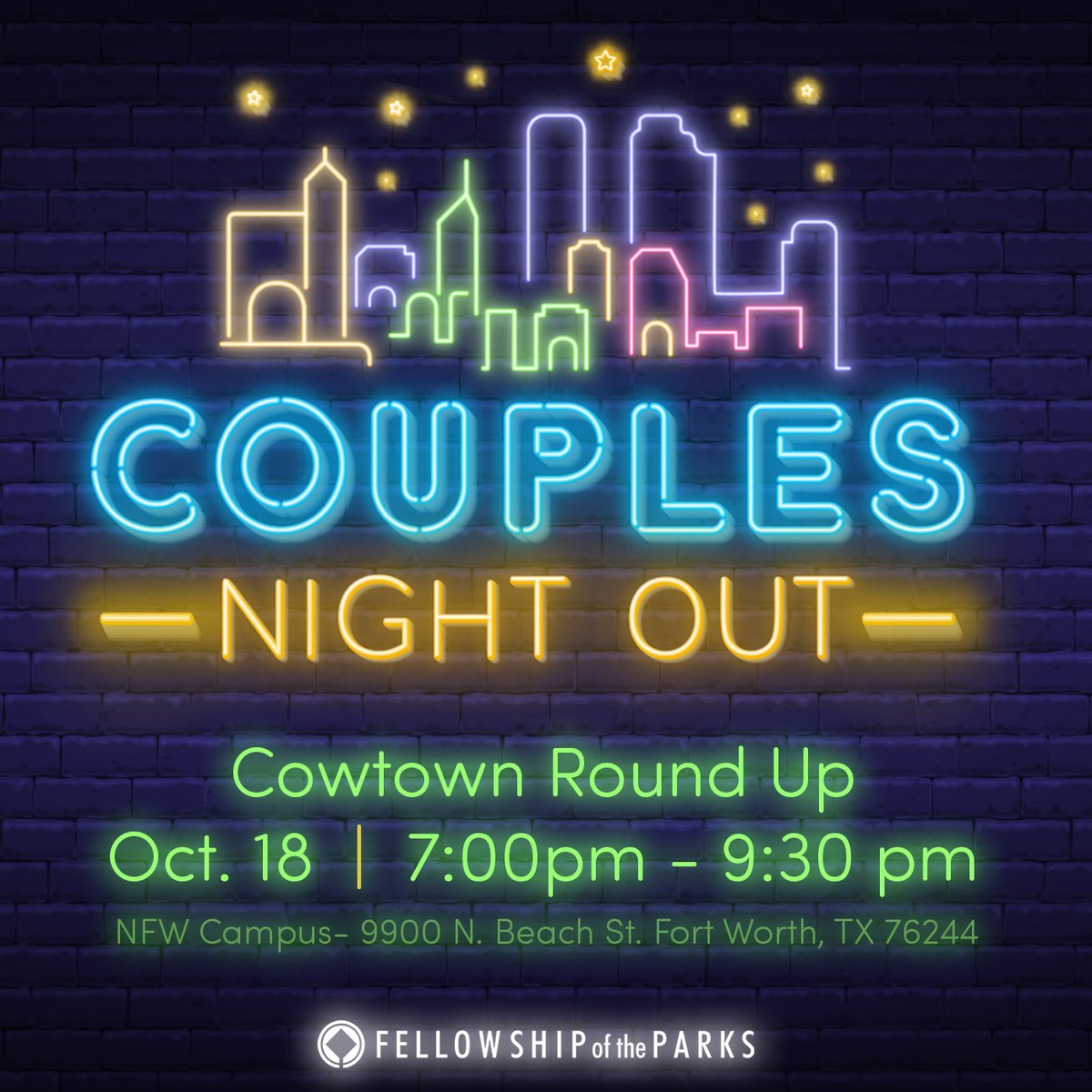Cowtown Roundup Couples Night Out!
Sat, Oct. 18 | 7–9 PM at FOTP NFW
$10/couple • Dancing, food, fun + childcare available

⚠️ Register by Oct. 16: loom.ly/v2JDuPg

#FOTPMarriage #YouMatterAtFOTP