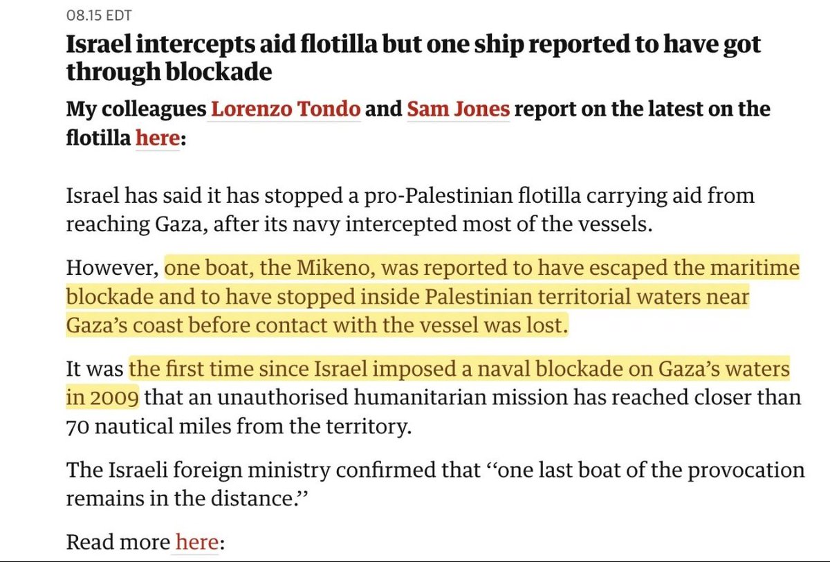 Es absolutamente impresionante. 

El barco Mikeno de la Flotilla @GlobalSumudF rompió el bloqueo ilegal marítimo que tiene Israel sobre Gaza.

Es poco, pero un puñado de civiles desarmados acaban de desafiar a un Estado criminal y le ganaron una. 

theguardian.com/world/2025/oct…