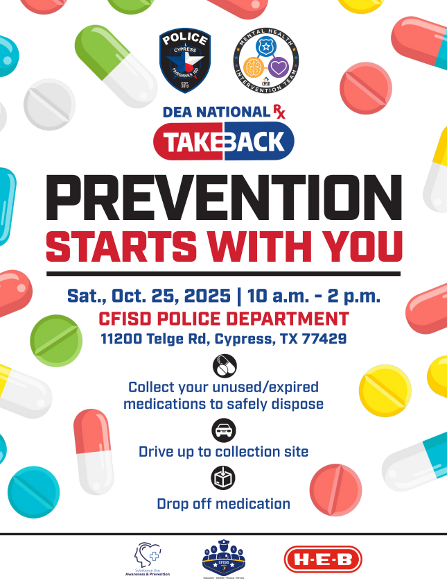 CFISDPDMHIT's tweet photo. In support of Suicide Prevention and Awareness we are hosting a @DEAHOUSTONDiv Drug Take Back Day! 

✅Safely dispose unused or expired medications
📅Sat. October 25, 2025
📍11200 Telge Rd

Together we can protect our community, prevent misuse and promote awareness💚 #CFISDSafety https://t.co/lrxsy3z8Nb