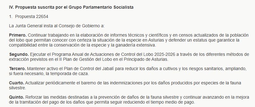 Esta es la única propuesta en solitario que llevó el grupo socialista <a href="/FSA_PSOE/">FSA-PSOE</a> al debate de orientación del <a href="/GobAsturias/">Principado de Asturias</a>.

Matar lobos, matar jabalíes, dar pasta a ganaderos. Lo único que importa a estos salvajes. Indistinguibles de la derecha que decían venir a parar.