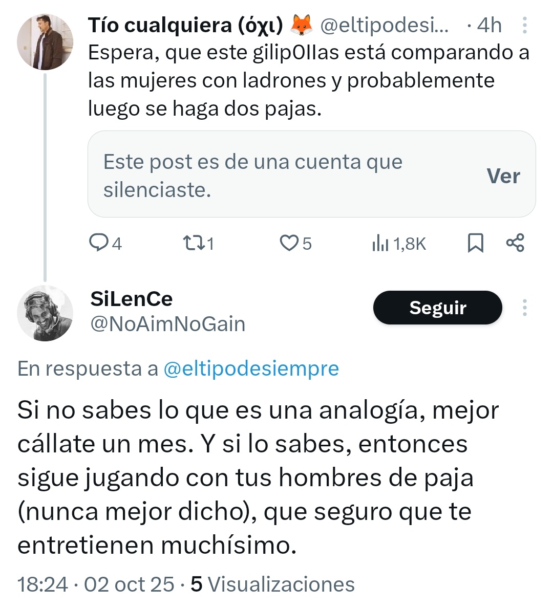 nohaytelegramas's tweet photo. @NoAimNoGain @eltipodesiempre Analogía la de tus pelotas enanas poniendo el comentario y bloqueando para que no te lean la cartilla, comadreja. Todos estáis cortaos del mismo patrón, beta.

No vales un duro. https://t.co/SR8ribmRE1
