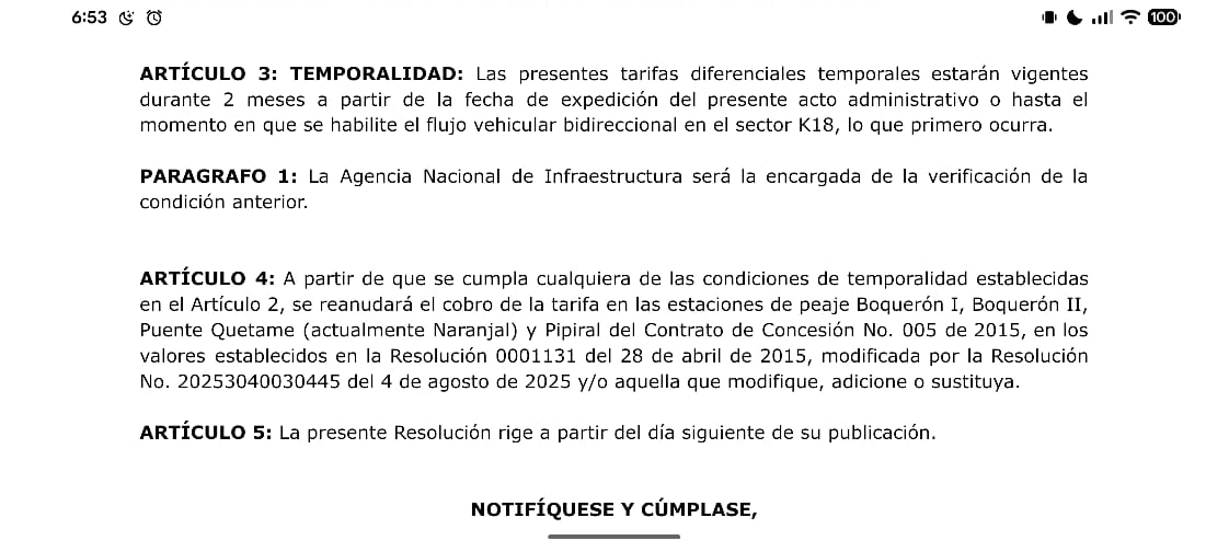 Vamos a aplicar tarifas diferenciales en los peajes de la vía al Llano. Una medida inmediata para aliviar el bolsillo de transportadores y comunidades afectadas por la emergencia en el km 18. Consulte el borrador completo de la resolución: bit.ly/48GtHjC 

La decisión