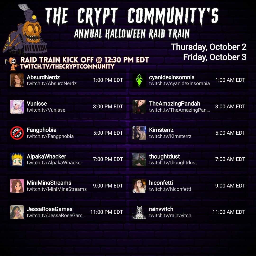 We are now off to our first stop! Today's lineup is full of a lot of fun and creative streamers. Who will be the first to scream? Let's find out! 🚂🎃

Follow along with the full schedule here r3dlabs.com/events/the-cry…