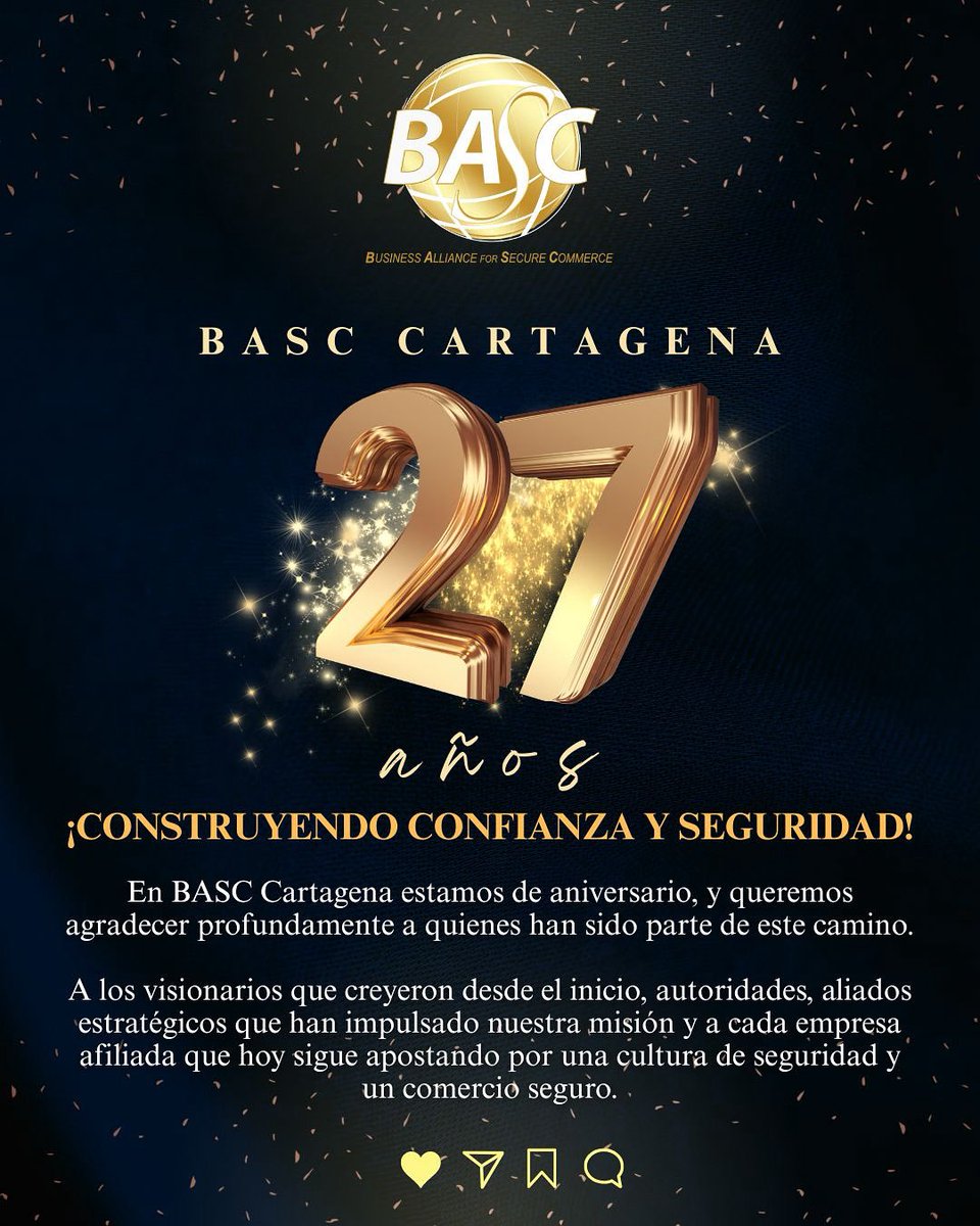 Celebramos nuestro aniversario número 27 reafirmando nuestro compromiso con la seguridad y el comercio seguro.
Gracias por ser parte de esta historia.

#AniversarioBASCCartagena 
#SomosBASC