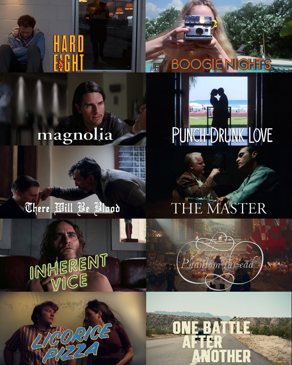 La filmografía de Paul Thomas Anderson.

No he visto Hard Eight pero las demás las pondría en este orden:
1. Magnolia
2. The Master
3. There Will Be Blood
4. One Battle After Another
5. Punch-Drunk Love
6. Boogie Nights
7. Licorice Pizza
8. Phantom Thread
9. Inherent Vice