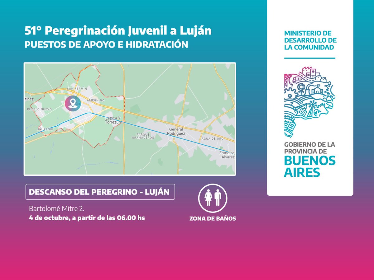 Comparto los puntos de apoyo e hidratación que vamos a disponer desde el <a href="/MinDesarrolloBA/">Desarrollo de la Comunidad BA</a> en el marco del operativo de <a href="/BAProvincia/">Gobierno PBA</a> para acompañar la 51° Peregrinación a Luján👇