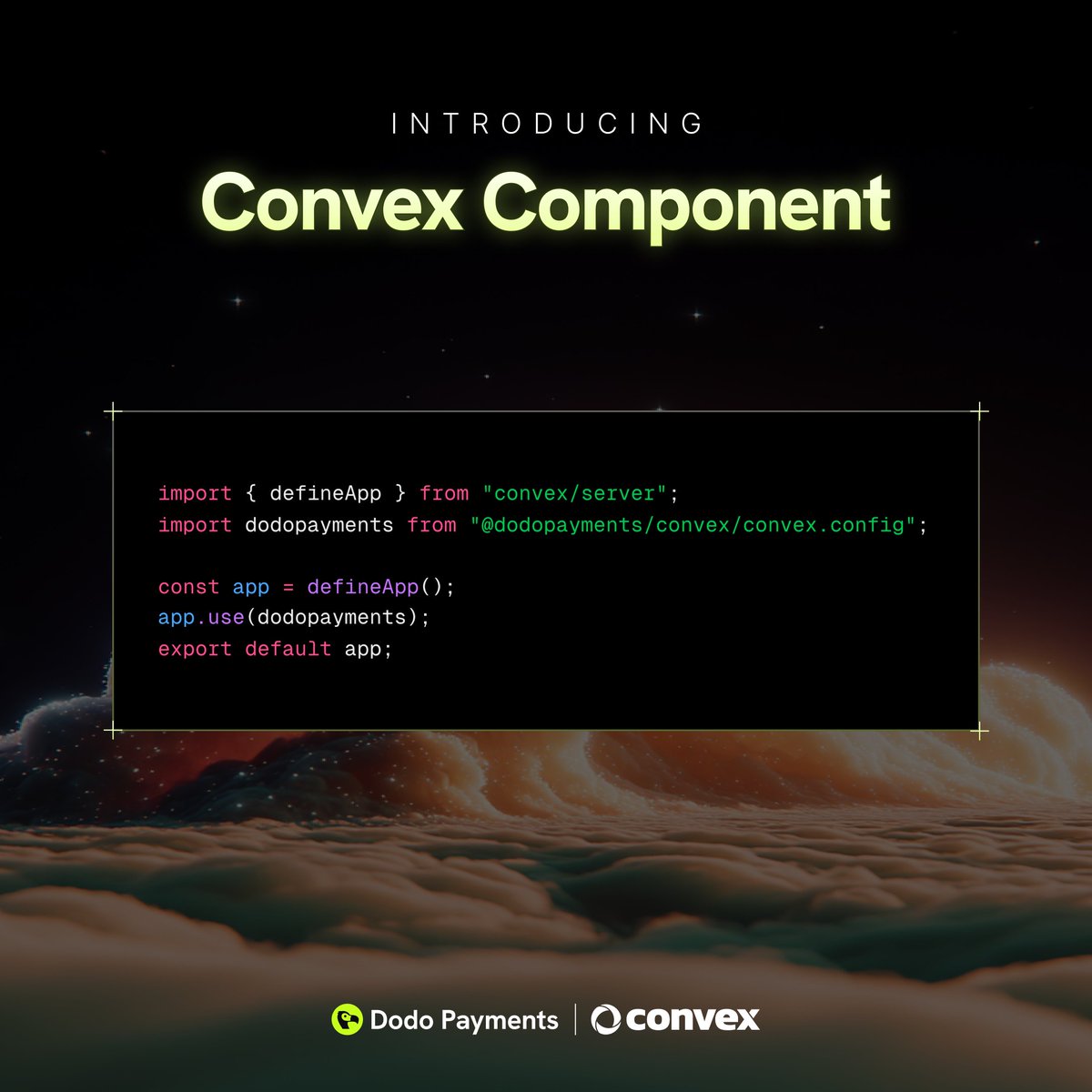 Dodo Payments can now run inside your <a href="/convex_dev/">Convex</a>  app 🚀

We’ve built a Convex Component so you can drop-in billing and payments directly into your app in just a few lines of code.

→ Handle subscriptions, usage-based, and one-time payments
→ Prebuilt UI + APIs, no boilerplate