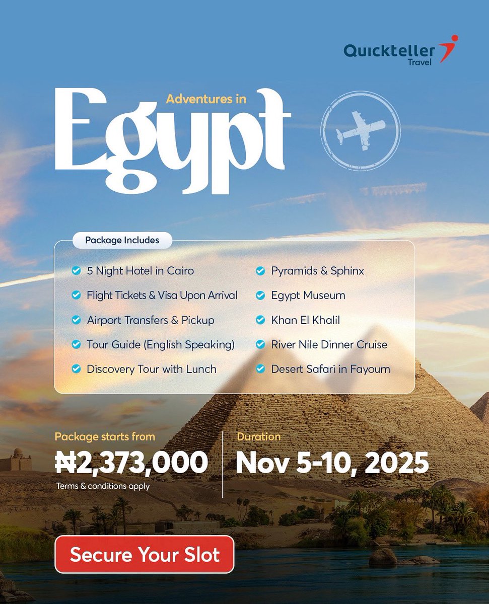 Your dream Egypt vacation is calling, will you answer ?
Unveil the wonders of Egypt, from the iconic Pyramids to Egypt Museum and more. 

This package has it all.

From - Nov 5th –10th 2025
Price - From N2,373,000

Book now 👉🏻 interswitchgroup.com/quicktellertra… 

T&amp;Cs apply.

#Quickteller