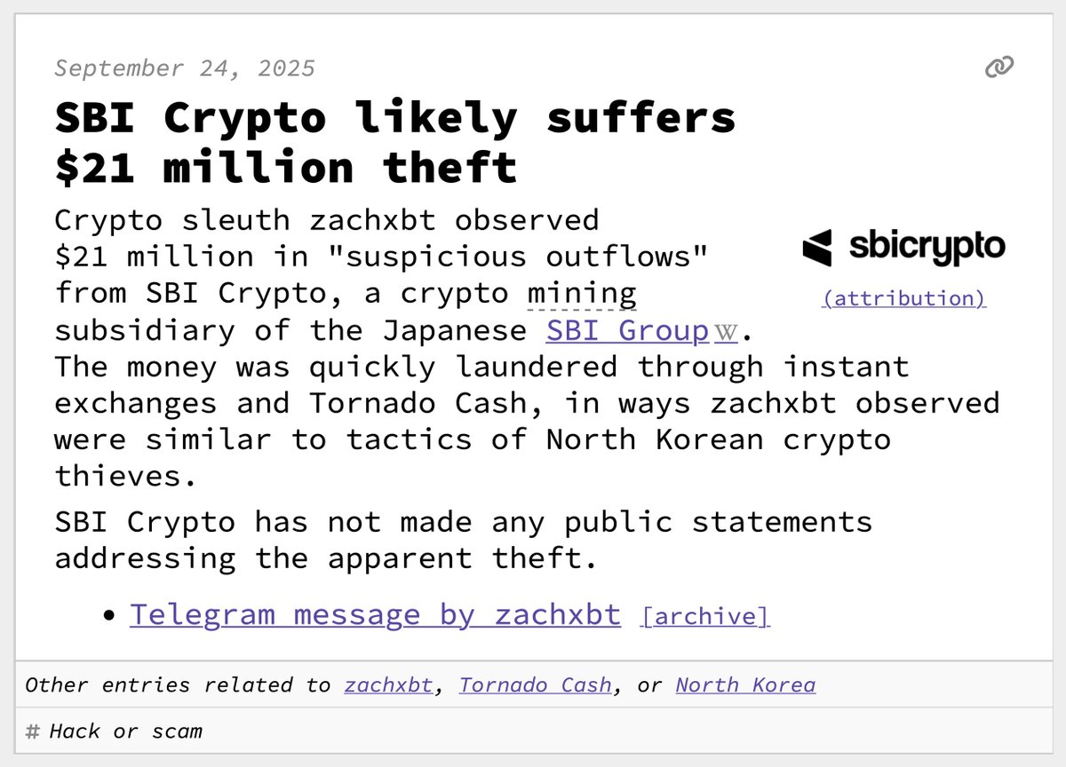 SBI Crypto likely suffers $21 million theft September 24, 2025