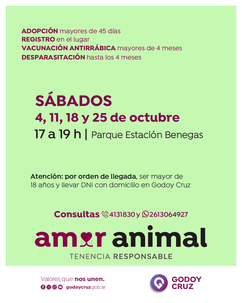 🙋🙋🏼‍♀️ ¿Te sumás? Te invitamos, este sábado 4/10, a ser protagonista del programa “Adoptá un Amigo” 🐶 

Además, realizaremos registro de mascotas,/ y desparasitaciones. ¡Te esperamos! 👋🏼