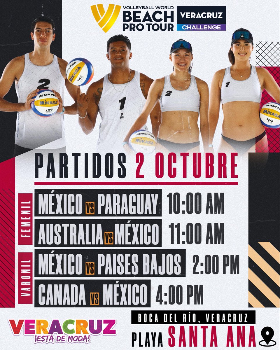 rocionahle's tweet image. 🏐 ¡No te pierdas el Volleyball World Beach Pro Tour en Playa Santa Ana, Boca del Río, Veracruz! 🌊

Disfruta de emocionantes partidos femeniles y varoniles, arena, sol y un ambiente increíble. 

¡Ven y apoya a México en la arena! 🇲🇽

#VeracruzEstáDeModa 🤩