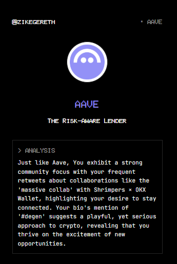 zikegereth's tweet photo. According to my twitter data, I give $AAVE vibes.
Bullish?
Try Coinology on https://t.co/8QQUIBBodK. #datarevolution 
@vana https://t.co/lIqXEn4clt