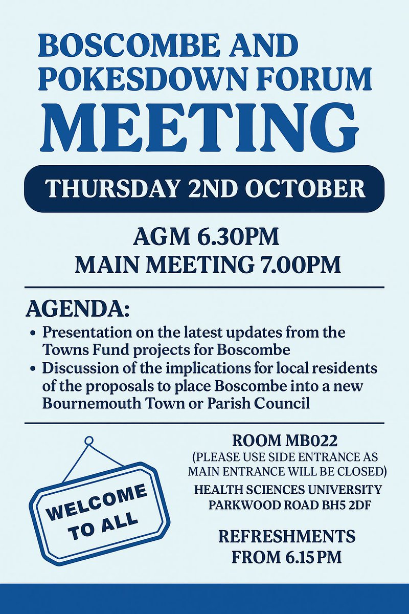 Boscombe &amp; Pokesdown Forum AGM – Tonight
📍 AUB Health Sciences Building (MB022 – side entrance)

6.30pm – AGM begins
7.00pm – Main meeting: Community Governance Review update &amp; Towns Fund update

All welcome. #Boscombe <a href="/Bournemouthecho/">Bournemouth Echo</a> <a href="/TomHayesBmouth/">Tom Hayes MP</a>